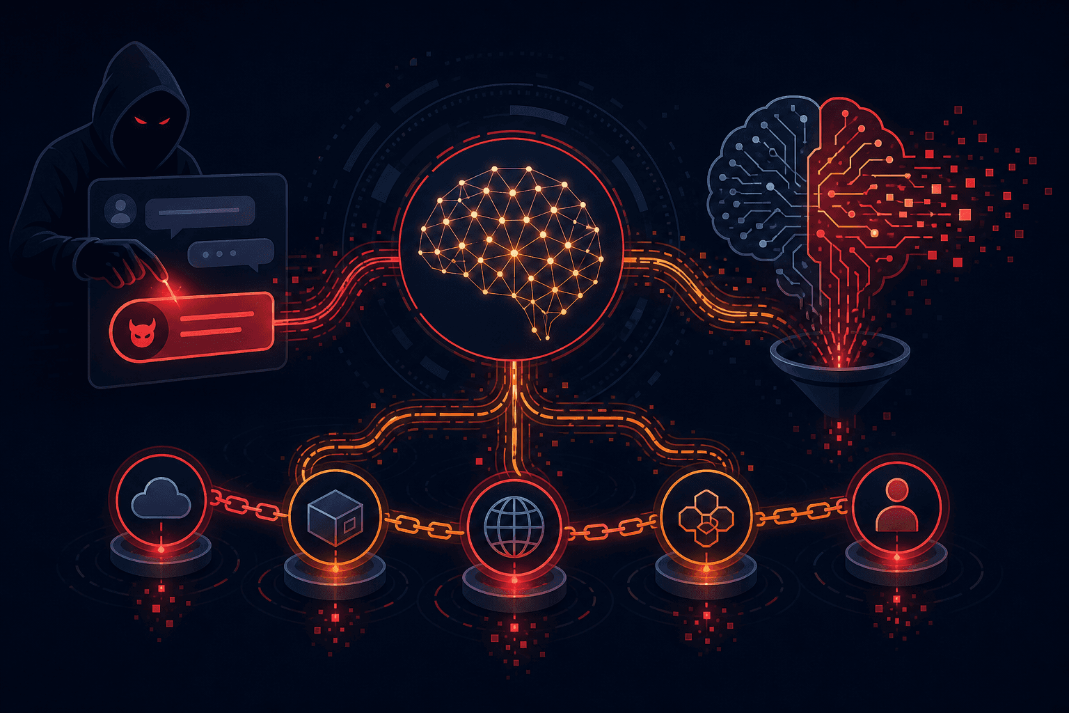 A dark-themed cybersecurity illustration showing an AI neural network at the center surrounded by threat vectors: a shadowy figure injecting a malicious prompt through a glowing chat interface, a brain-shaped circuit with data leaking out representing model memorization, and a chain of connected third-party nodes representing sub-processor exposure. Abstract digital streams flow between nodes in red and orange warning colors against a deep navy background. Flat design, no text or letters anywhere.