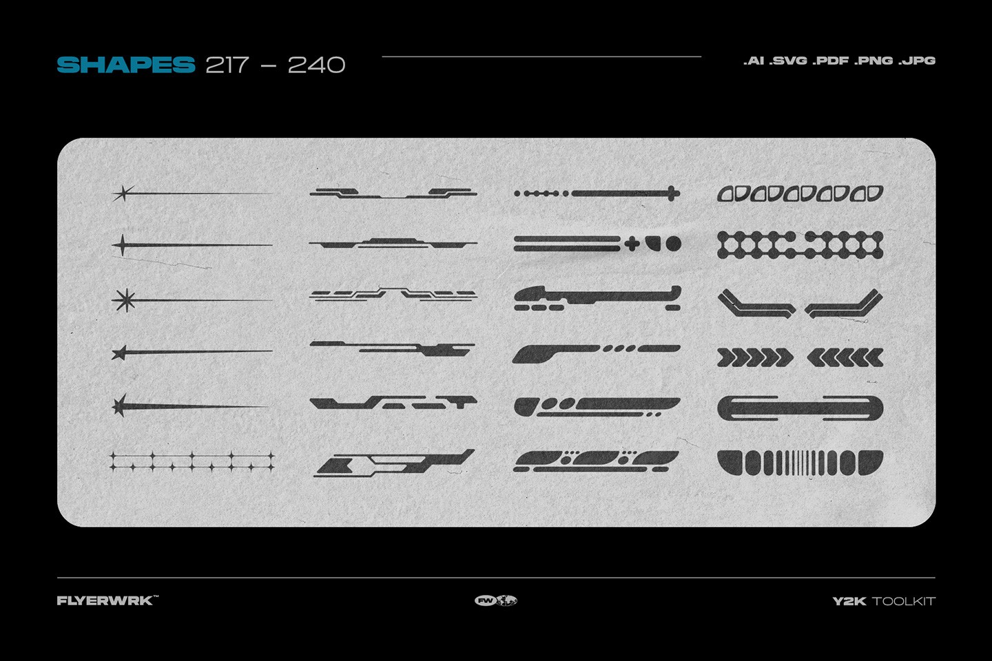 Y2K Toolkit vector shapes 217 to 240 preview with futuristic interface elements