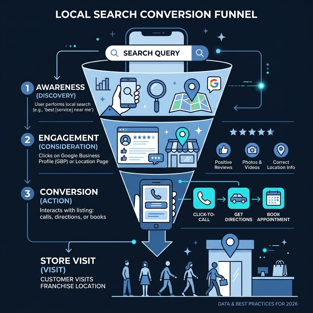 Local search conversion funnel infographic for franchises showing steps from search query to in-store visit - Local SEO for