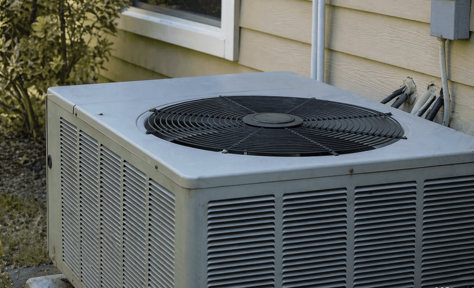 Outdoor air conditioning unit beside a house with visible fan and vents.