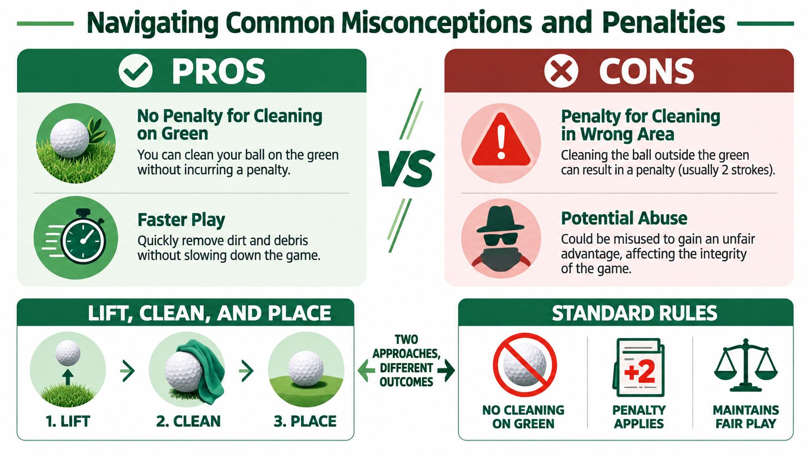 An infographic showing golf rules for cleaning a ball, comparing pros and cons, and explaining the proper procedure.
