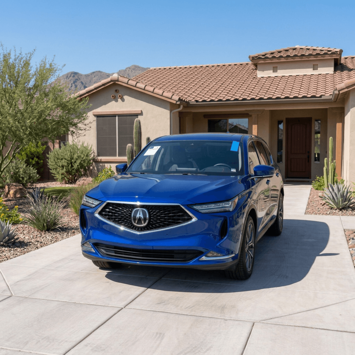 Blue Acura RDX with a high-quality new windshield installed outside a Sierra Vista, Arizona residence