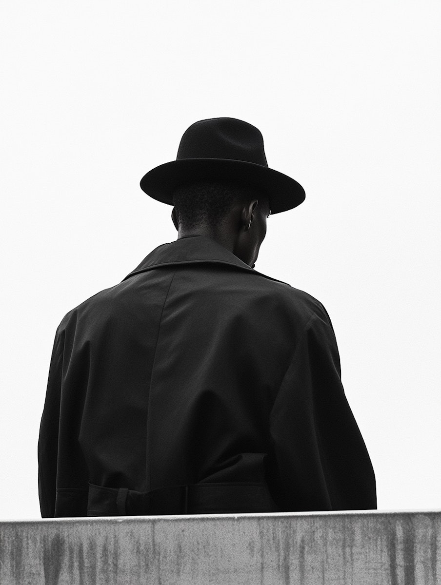 Minimalist black-and-white photo of a person in a black hat and trench coat, seen from behind against a stark white background.