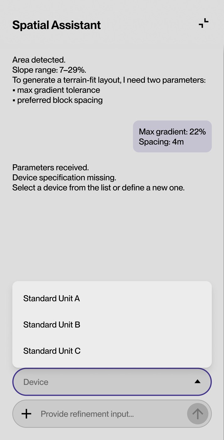 AI-driven assistant prompting for structured parameters and supporting decision-making in a spatial planning workflow.
