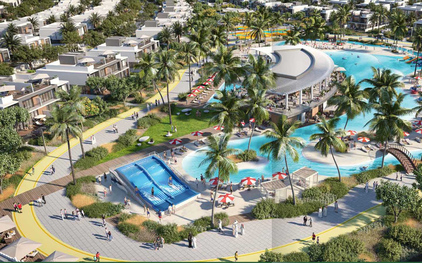 The Pulse Beachfront resort aerial: modern architecture, surrounding beach area, Dubai.