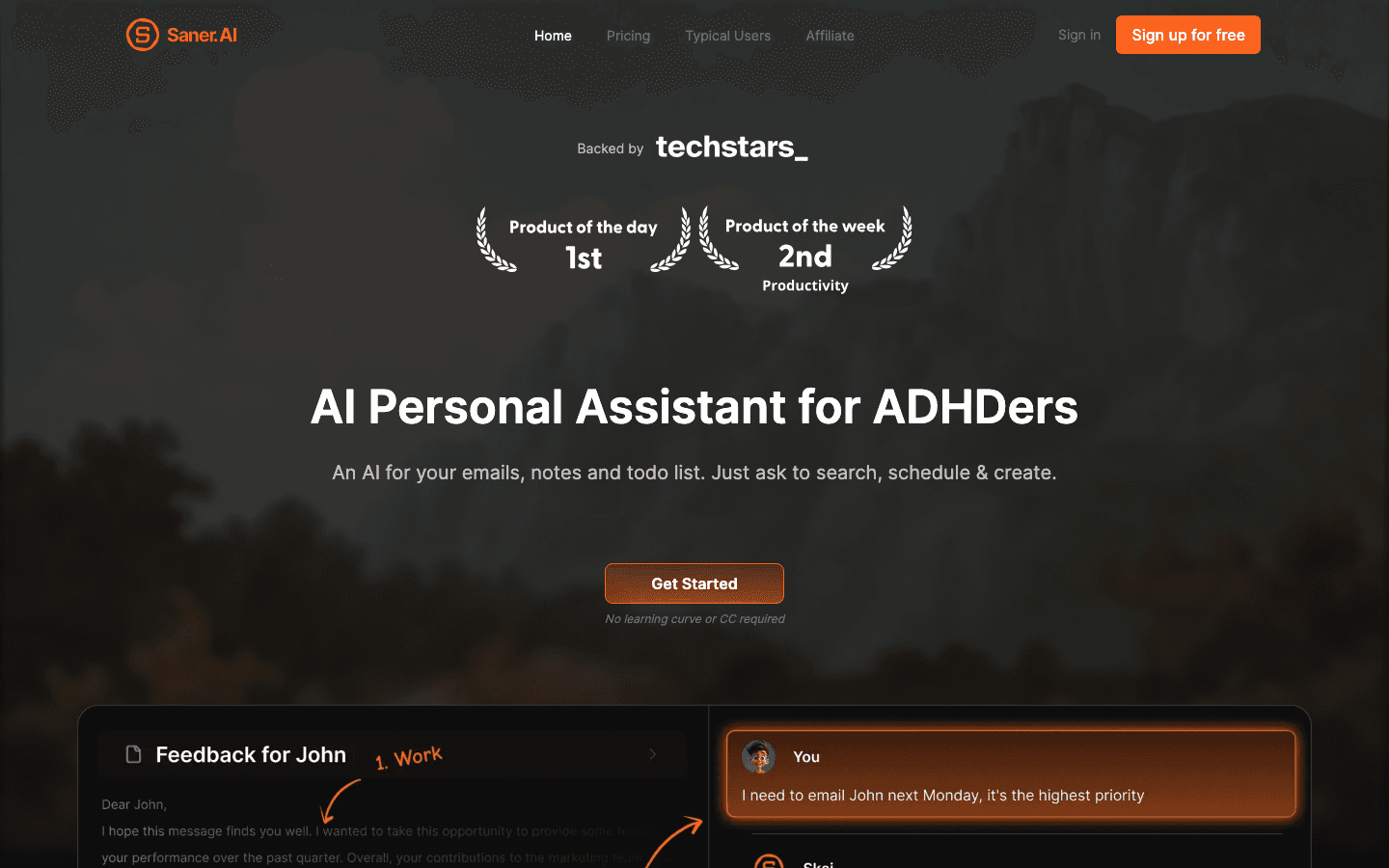 Saner.AI website - AI personal assistant for ADHD