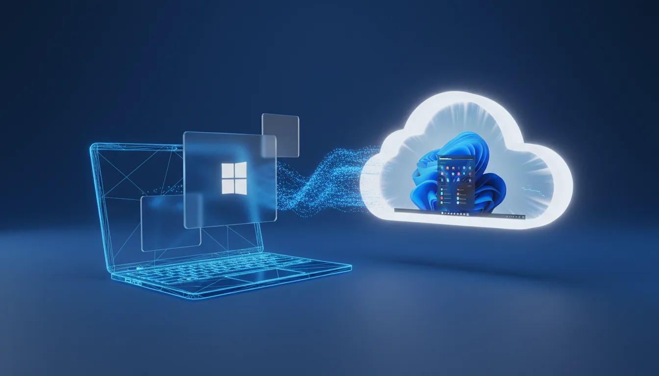 3D render of a futuristic cloud computing concept, showing a stylized wireframe laptop with floating glassmorphism panes in front of it, one pane displaying the white Windows logo. A flowing stream of glowing blue digital particles connects the laptop to a large 3D cloud icon. Inside the cloud icon is a glowing representation of the Windows 11 desktop, featuring its abstract blue wallpaper and a centered taskbar with abstracted UI elements. The scene has soft global illumination against a deep royal blue gradient studio backdrop.