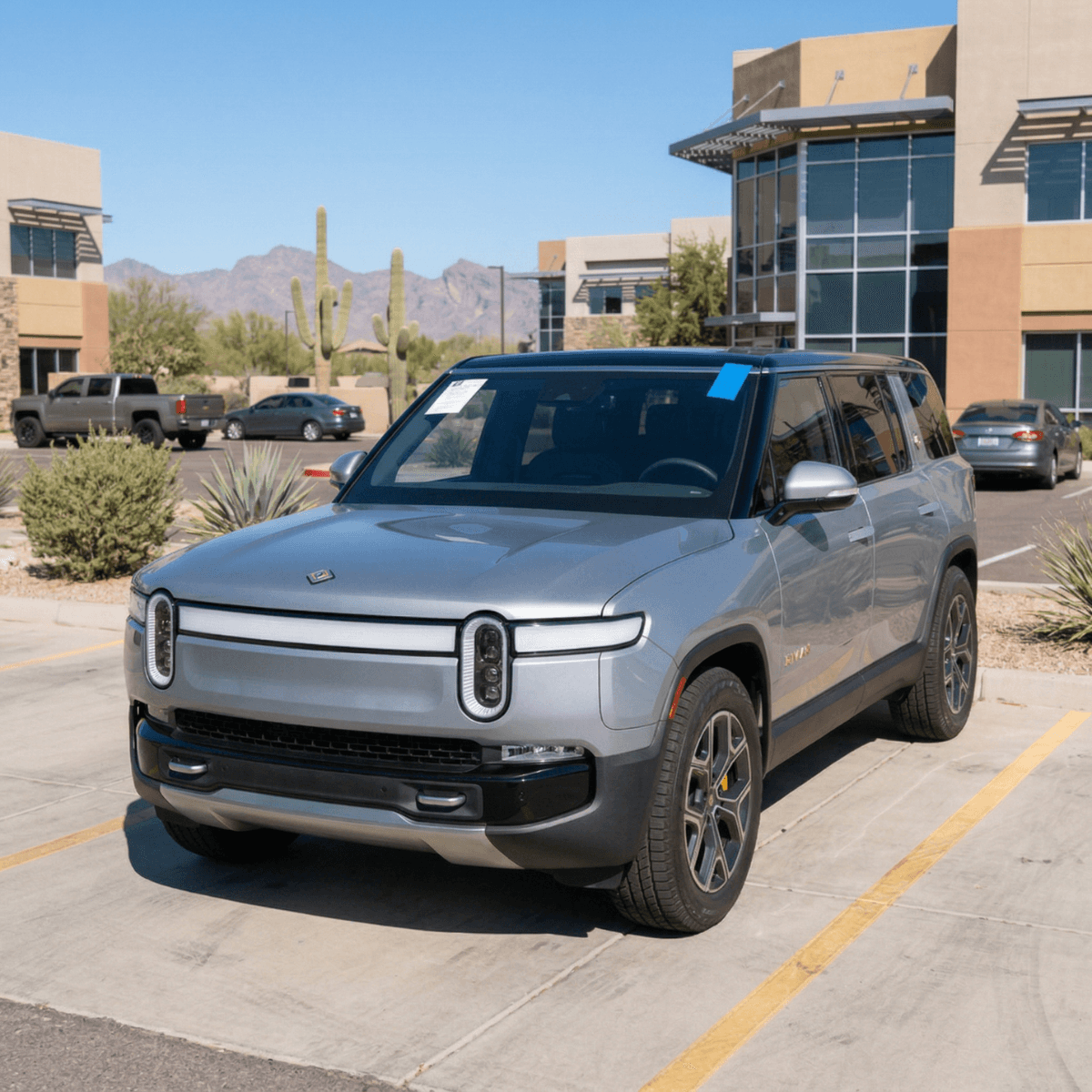 Silver Rivian R1S electric SUV showcasing a clean new windshield at a Mesa, AZ commercial lot
