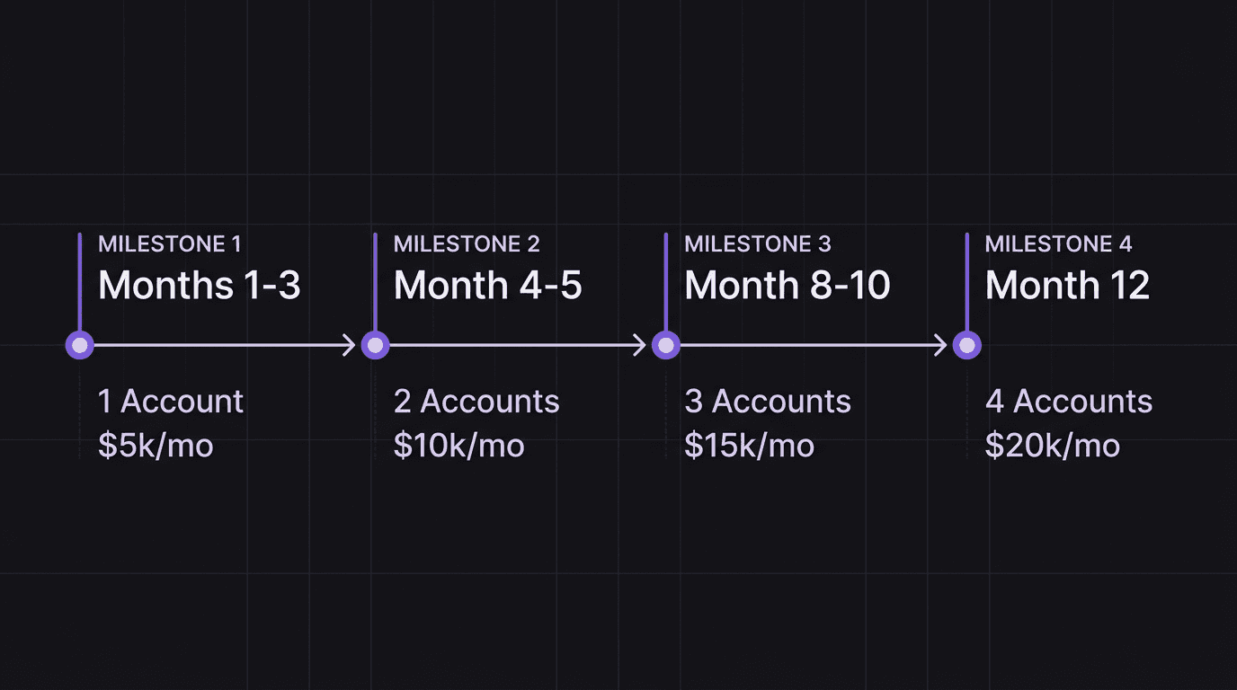 Timeline showing the 12-month scaling path from one to four funded accounts