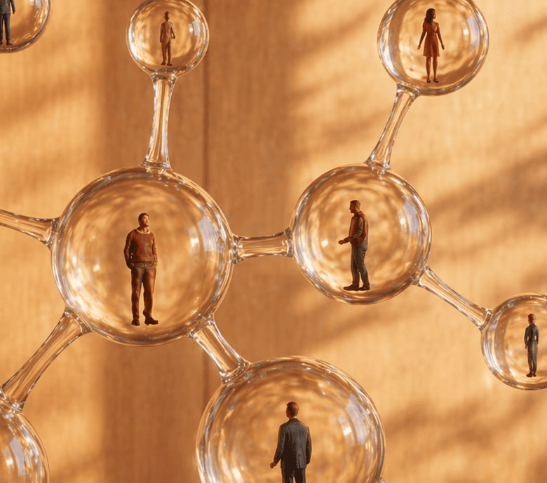 Man looking at a computer screen in warm indoor light