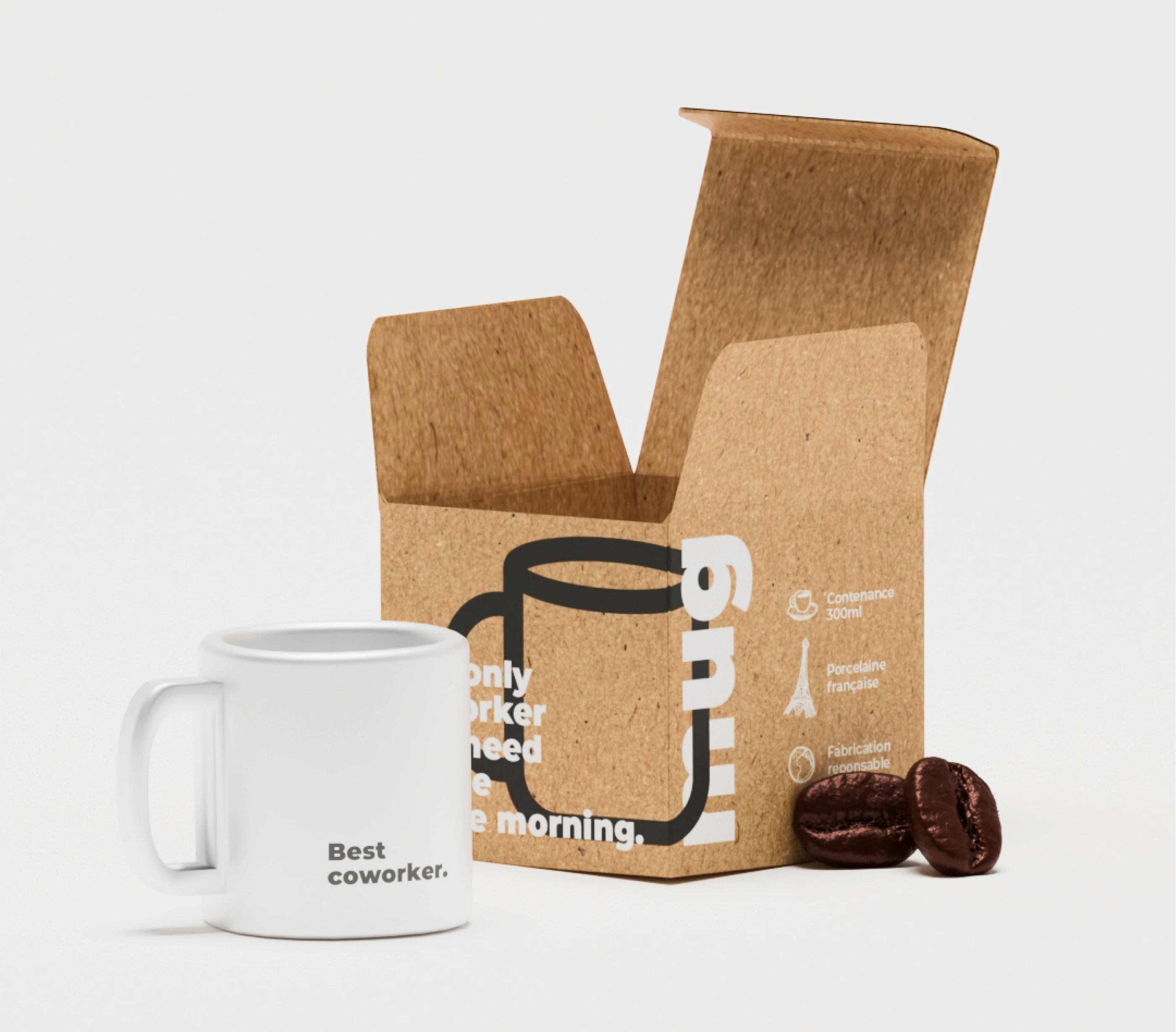 Rendu 3D d'un mug en porcelaine blanche "Best coworker" à côté de sa boîte d'emballage ouverte avec des grains de café.