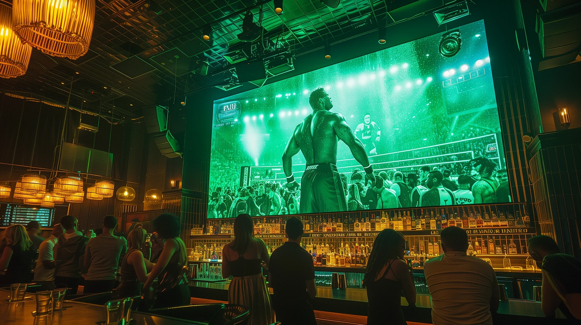 Large screen with event playing at a bar