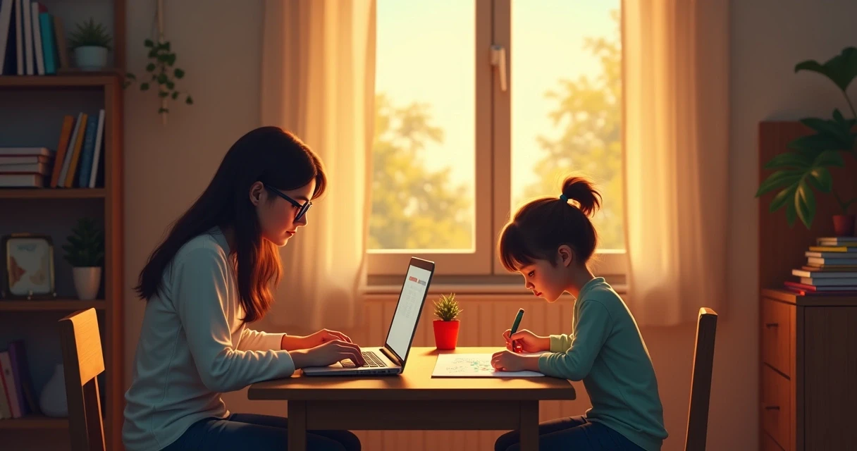 Pessoa trabalhando em notebook e cuidando de criança