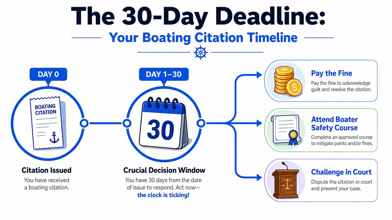 A timeline graphic showing the 30-day window for resolving a boating citation in Florida.