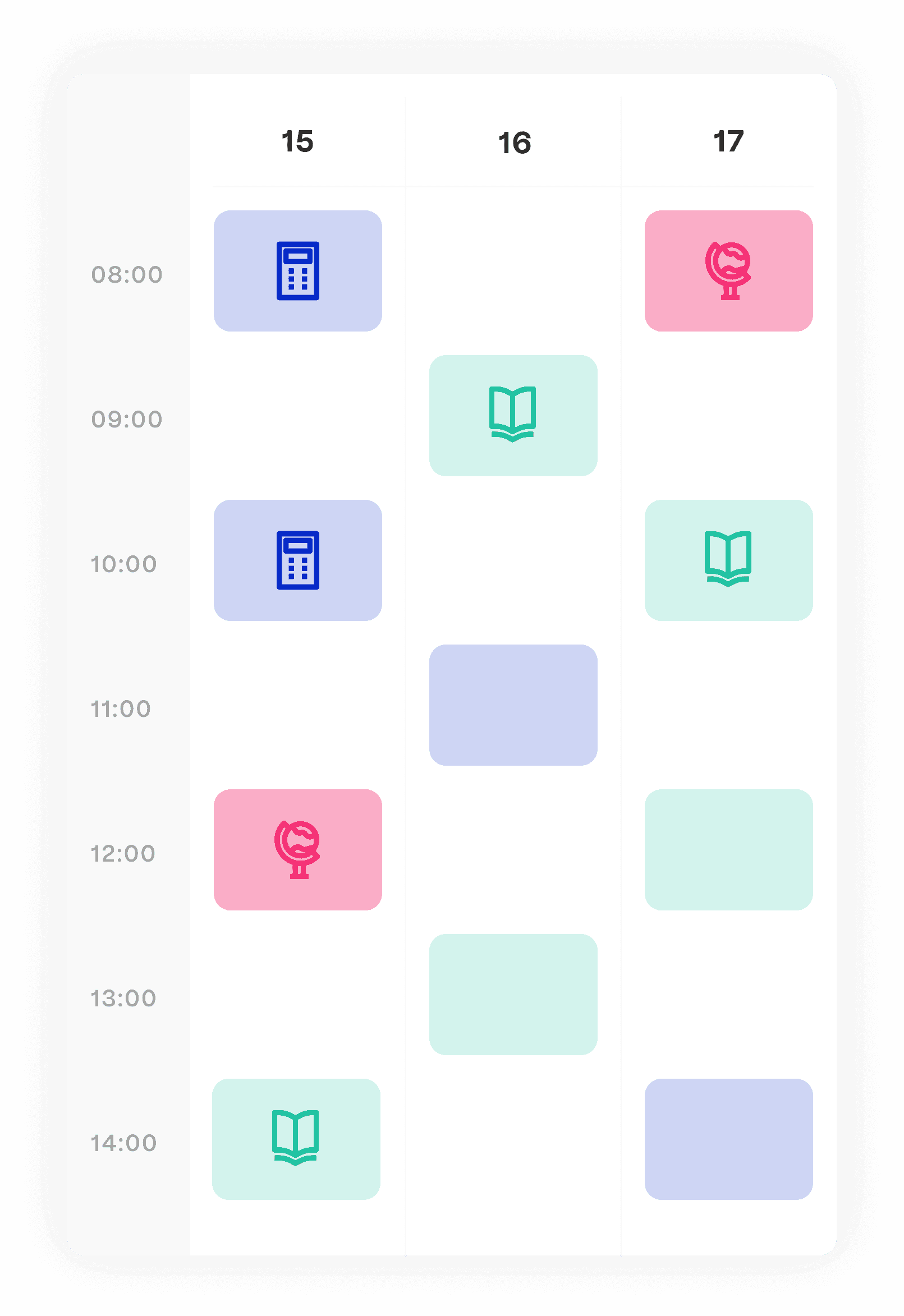 Weekly schedule planner with calculator, book, and globe icons.