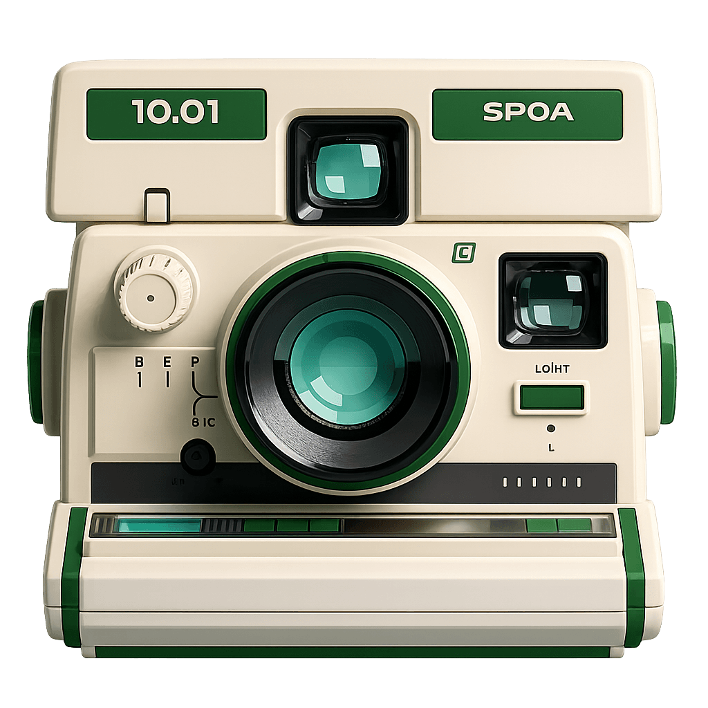 This image features a vintage-style instant camera with a cream and red color scheme, showcasing a large central lens and multiple control dials, evoking a retro aesthetic.