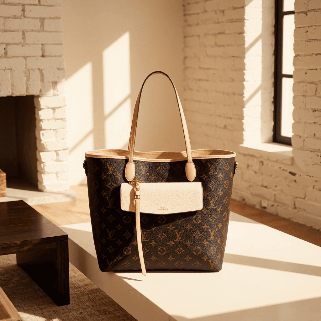 product photography of a handbag with a spacious interior and a removable pouch