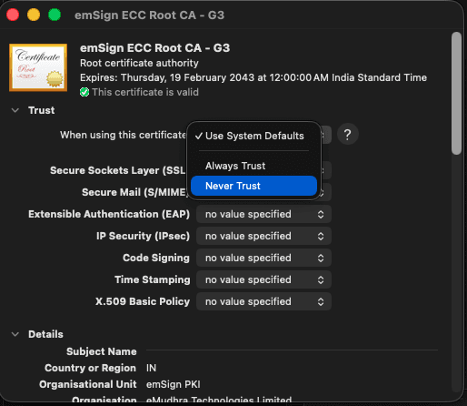 Keychain Access trust settings for emSign ECC Root CA - G3 with the When using this certificate menu open and Never Trust selected