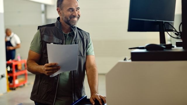 Homem de colete utilitário segurando papeis enquanto olha para monitor e mexe em mouse de computador.