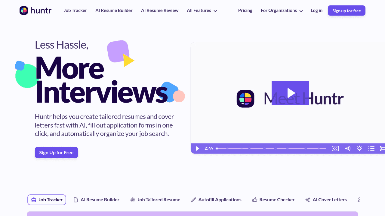 Huntr job tracking platform homepage displaying visual Kanban-style job application management and map view features