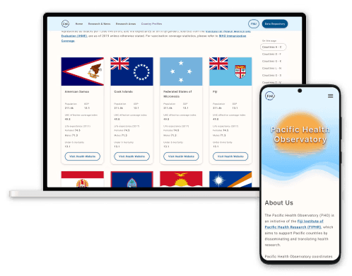 Final design of the Pacific Health Observatory website's homepage and countries page in a laptop and mobile device