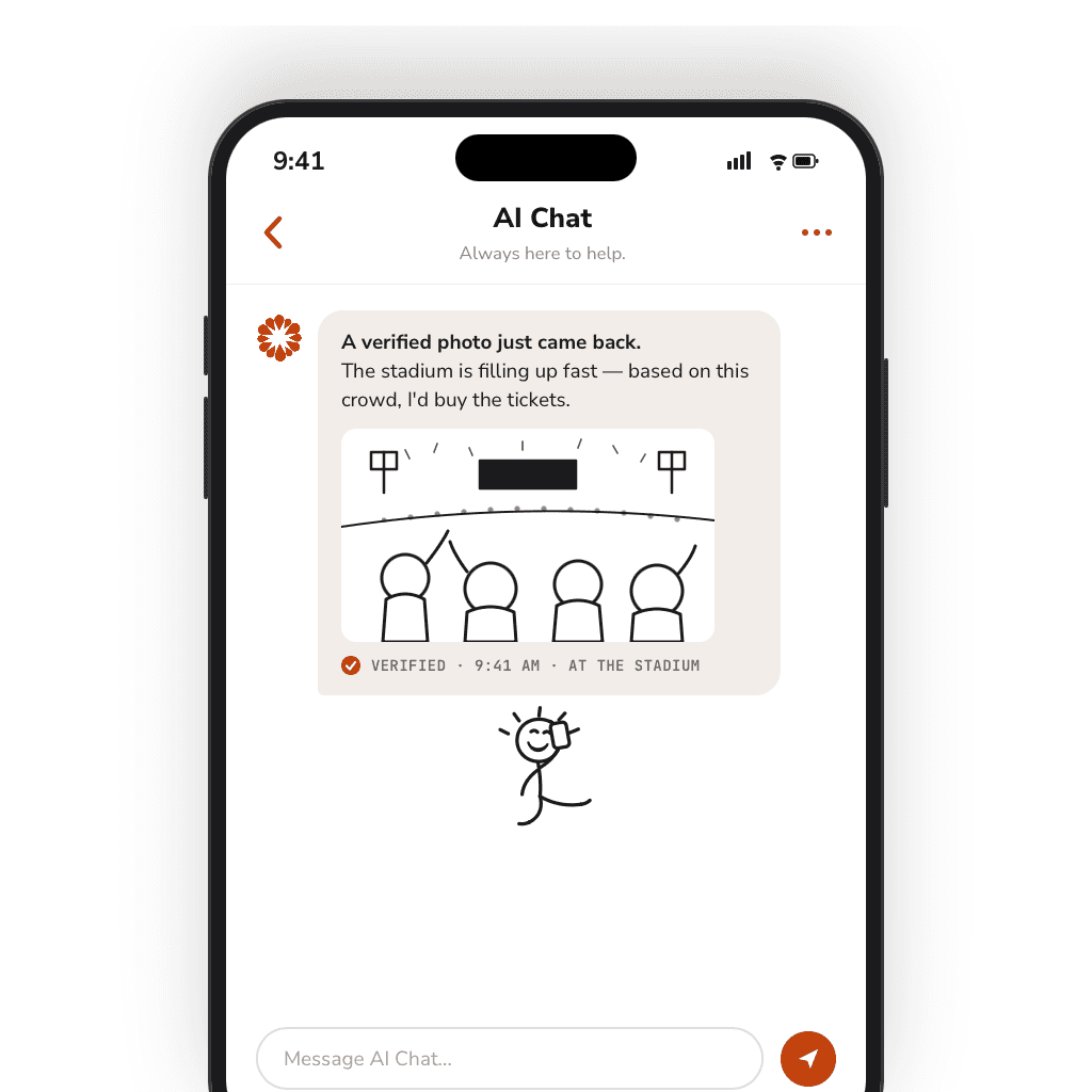 AI chat showing a verified photo from the stadium with the crowd filling in, marked verified with time and place.
