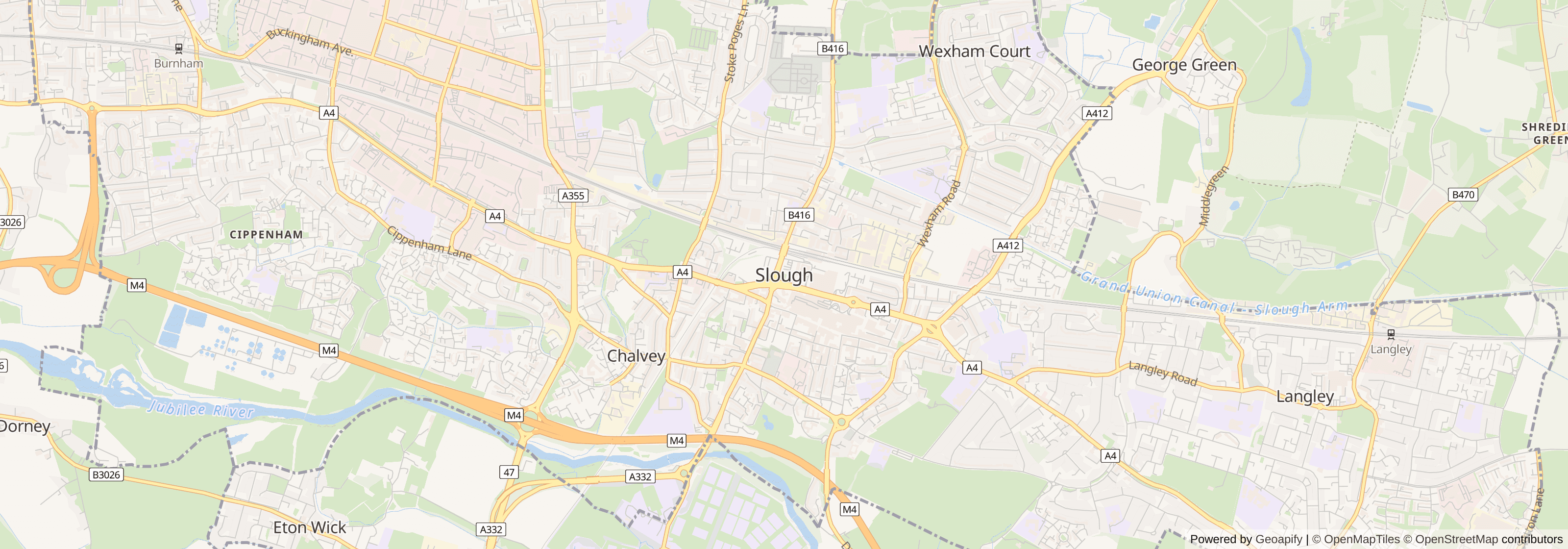 Street map of Slough, Berkshire showing main roads and nearby areas