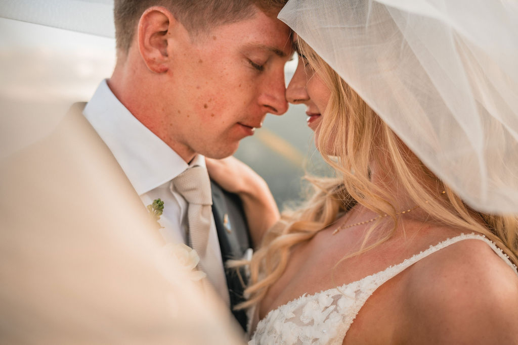 Intimate close-up of bride and groom during Smith Cabin Aspen wedding portrait moment