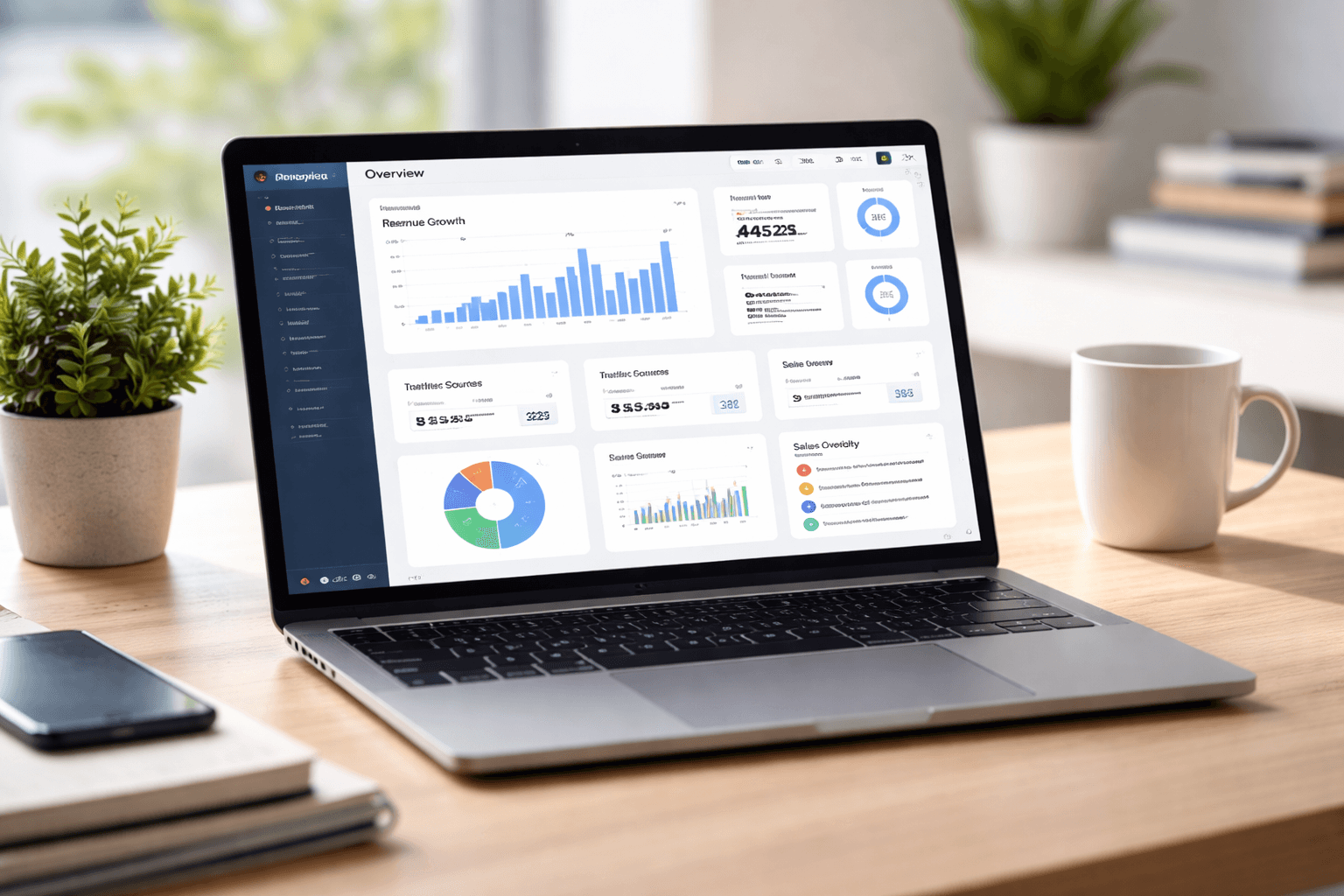 clean product UI displayed on a laptop in a bright workspace