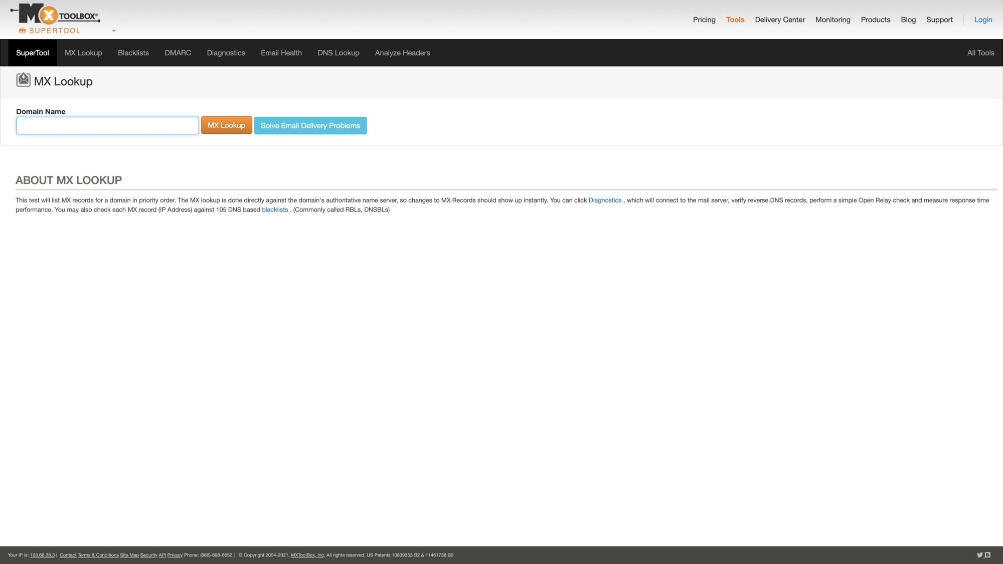 MXToolbox homepage showing DNS and email authentication checking tools for verifying SPF, DKIM, and DMARC records