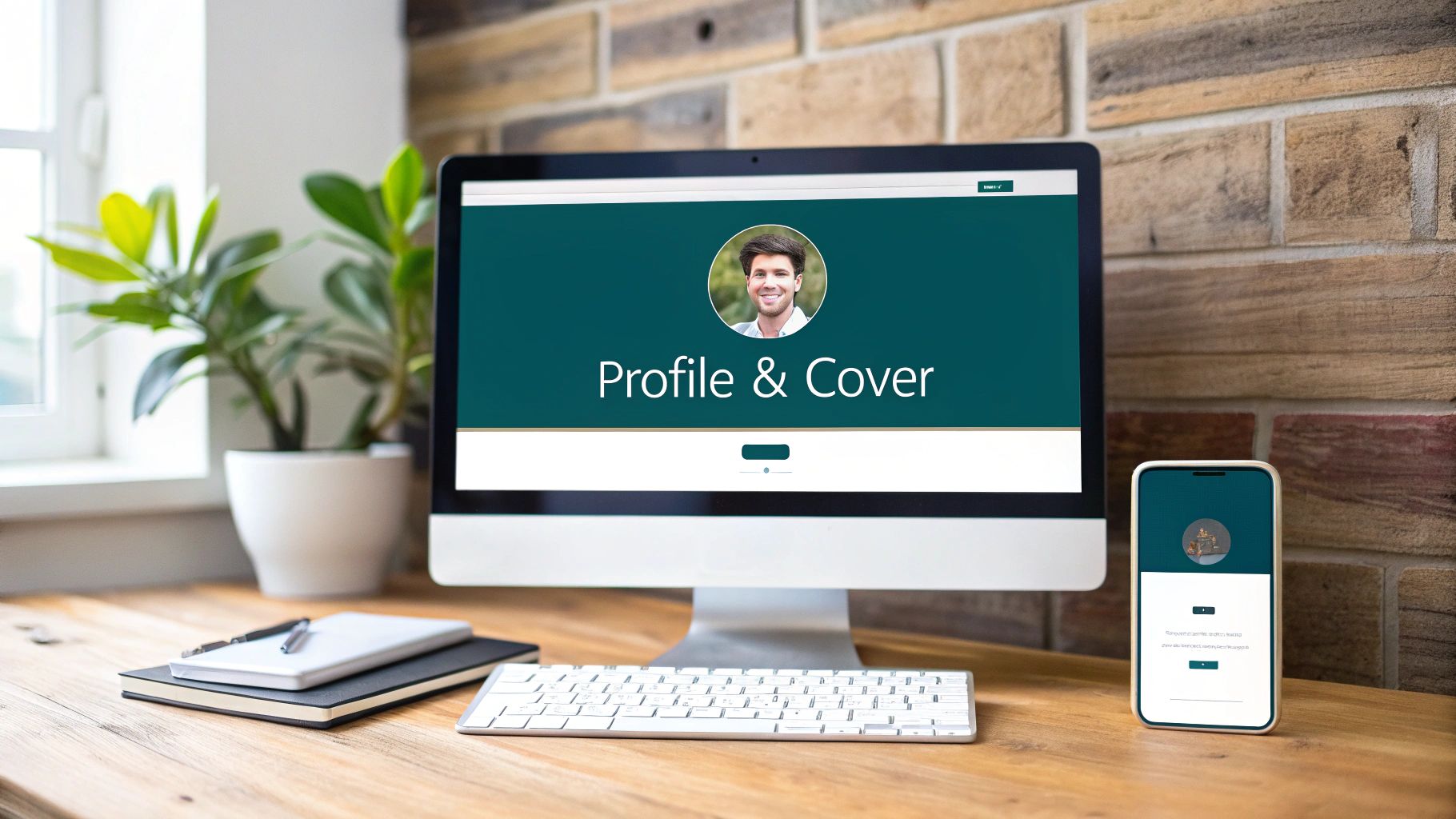 A professionally designed LinkedIn profile and company page banner displayed on a laptop screen