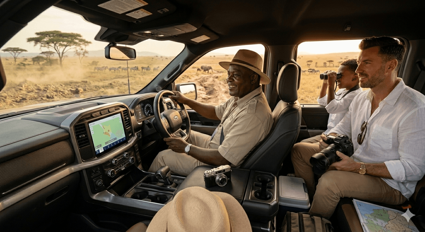 4 individuals on a road trip in a truck