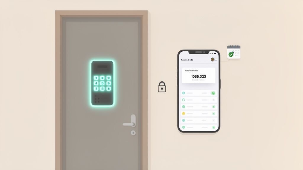 A door with a glowing digital keypad lock next to a smartphone showing an access code.