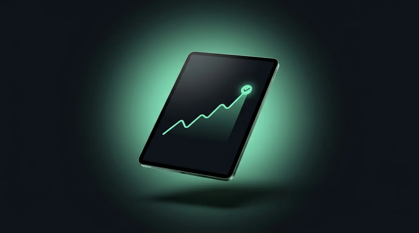 Tablet showing a rising green performance trend line with a checkmark, representing a successful campaign cleanup
