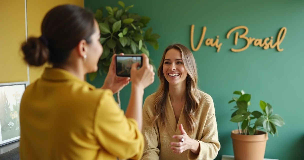Clientes sorrindo em clínica de estética decorada para a Copa 
