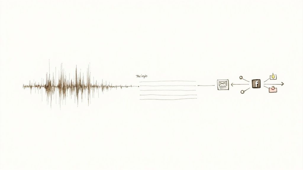 A diagram illustrates content repurposing: an audio waveform transcribed into text, then distributed via email and social media platforms.