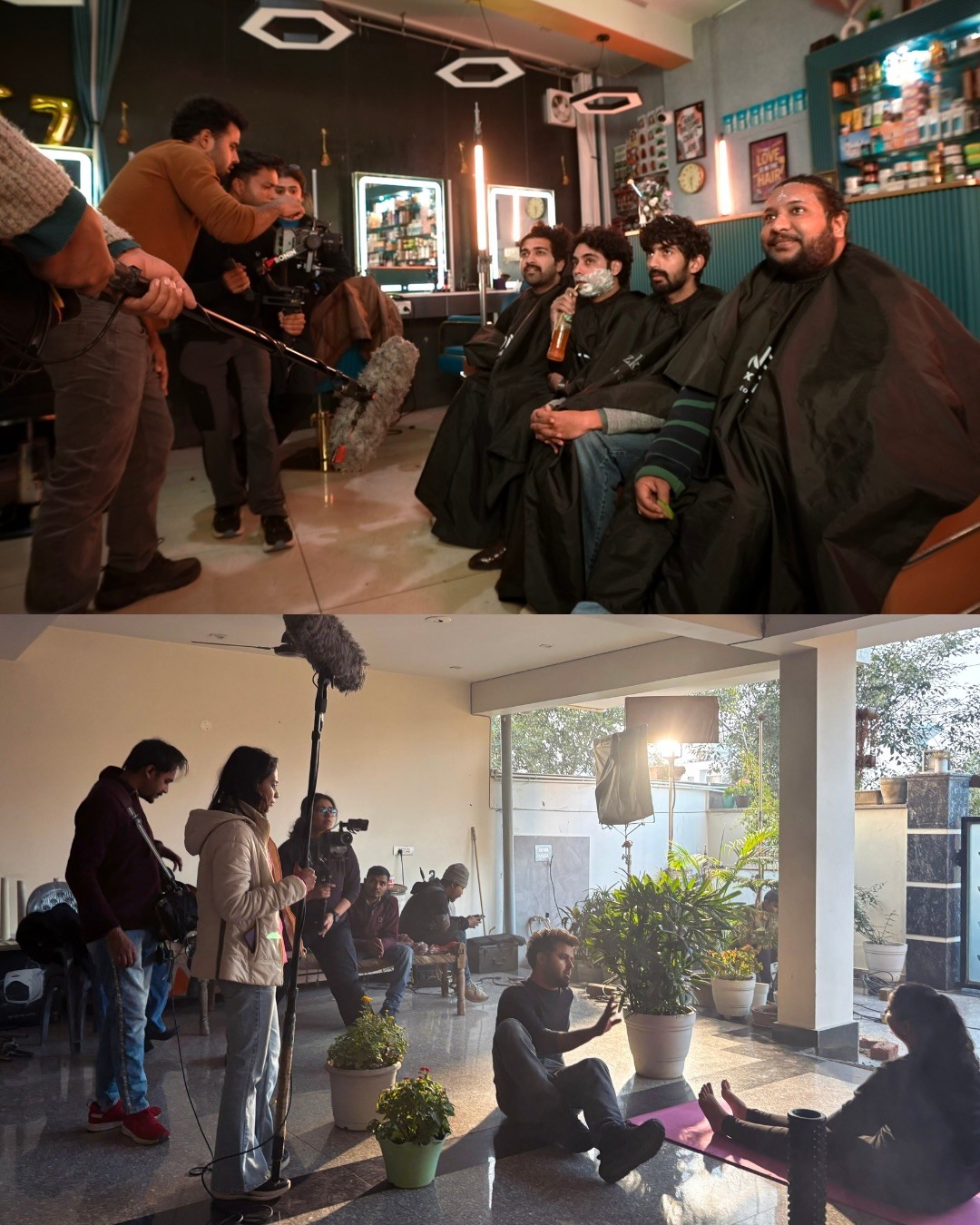 Back view of a person with a platinum buzz cut wearing a red turtleneck against a blue background.