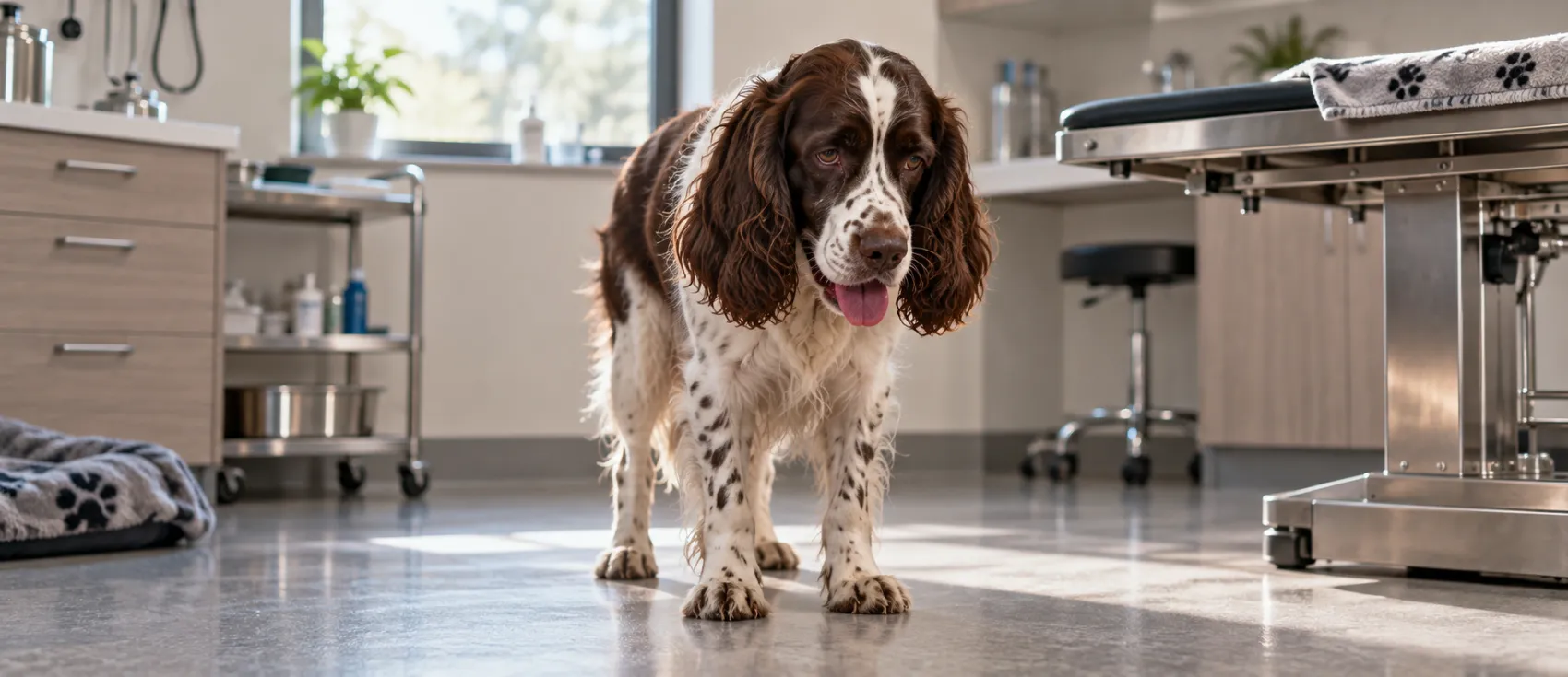 A Springer Spaniel stands in a veterinary clinic examination room.
