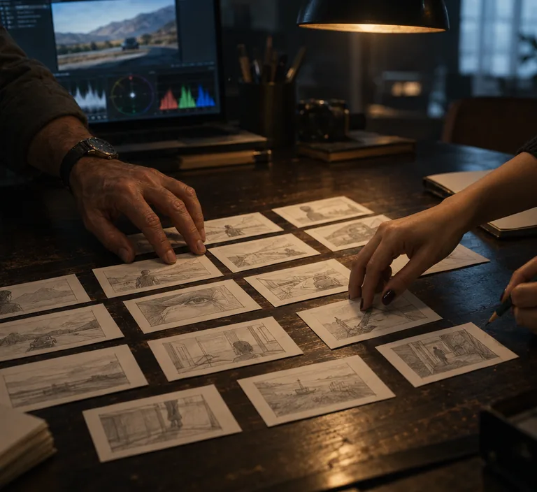 Hands arranging cards with shot sketches on a table