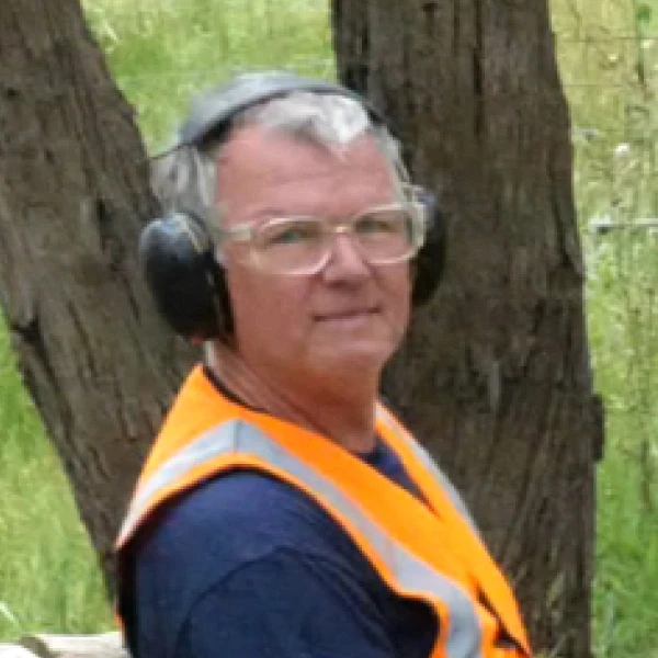 A person wearing safety earmuffs, glasses, and an orange high-visibility vest stands outdoors beside a large tree, with lush green grass in the background.