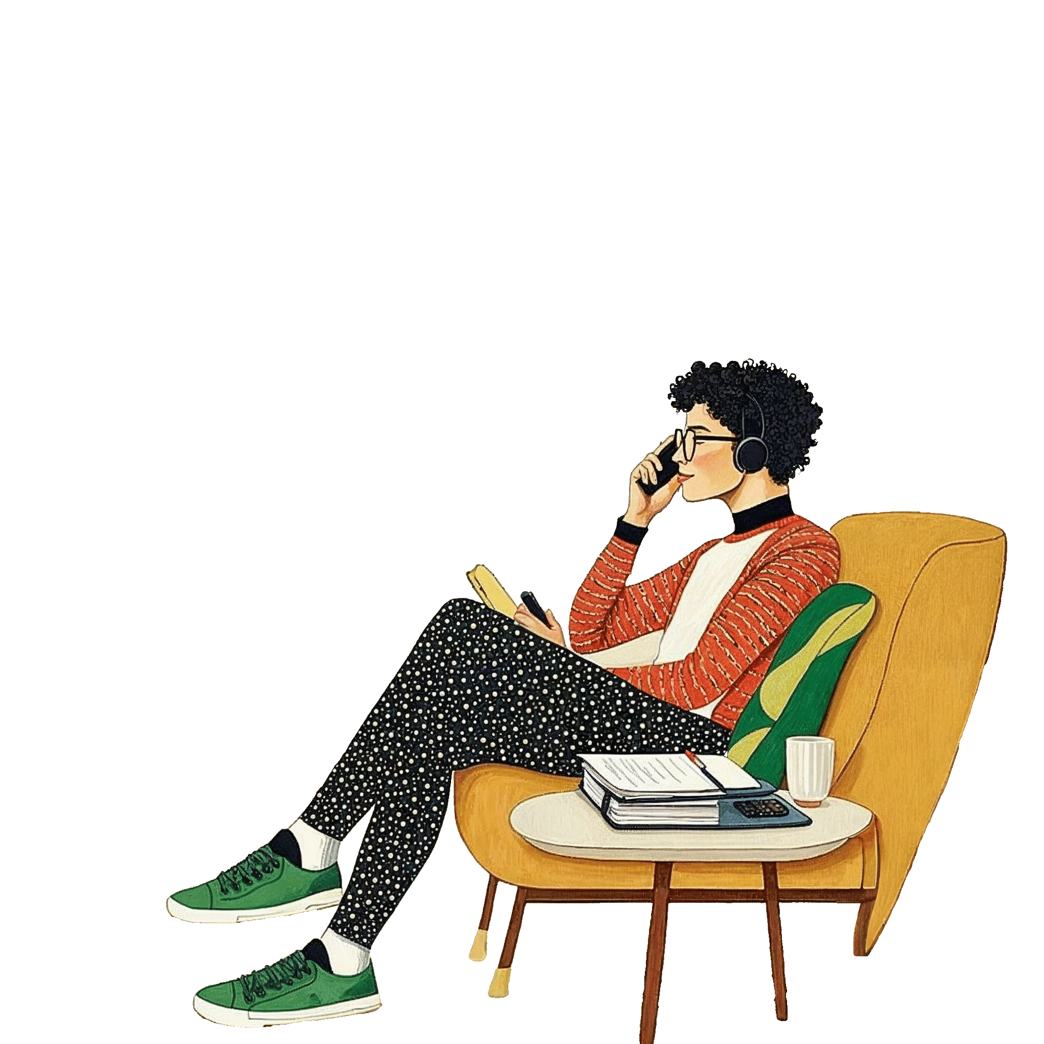 An illustration of a woman sitting comfortably on the couch, holding a phone, while chatting with her financial advisor