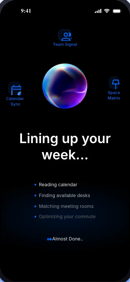 Agent screen: Lining up your week, reading calendar, finding available desks, matching meeting rooms, optimizing your commute