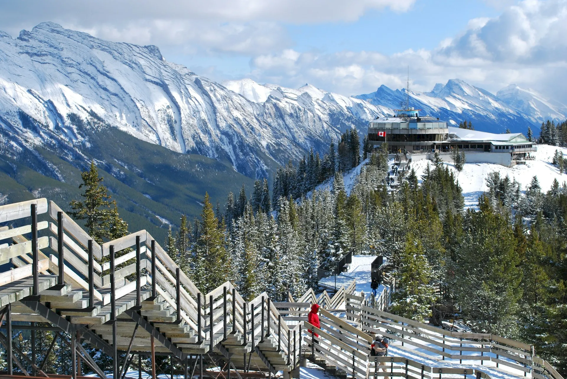 Gorgeous mountain view of a building on a mountain top in Banff