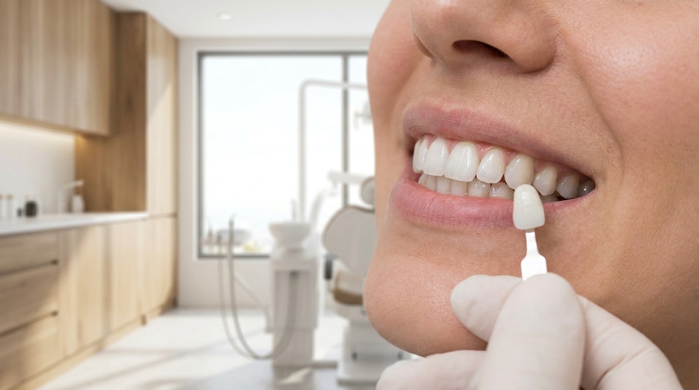 A dentist compares a shade guide against natural-looking teeth to choose a believable color.