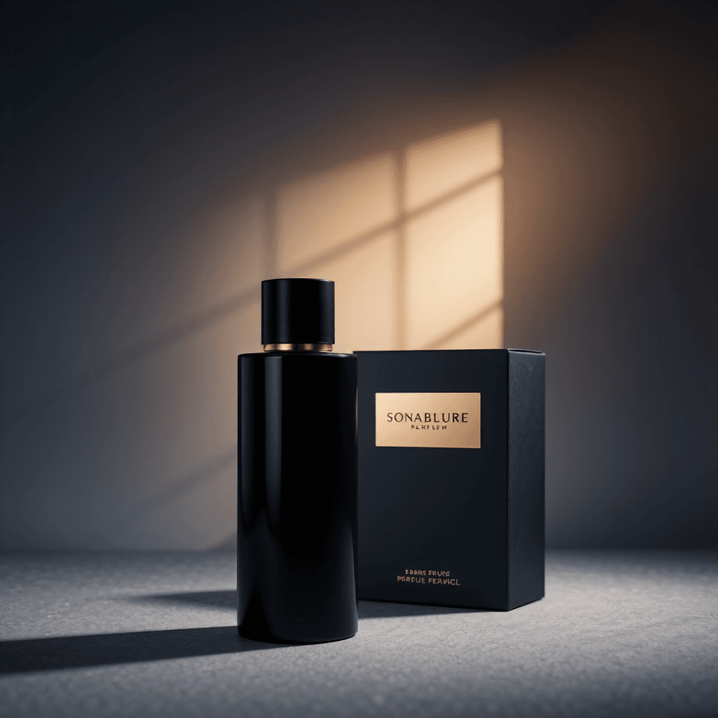 product photography of a bottle of perfume and a box of perfume packaging