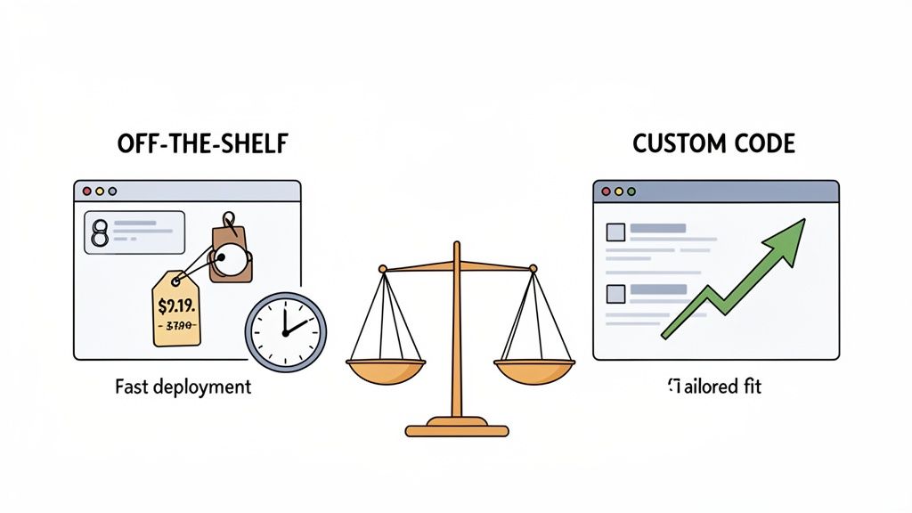 Illustration showing a balance scale comparing off-the-shelf solutions for fast deployment and custom code for a tailored fit.
