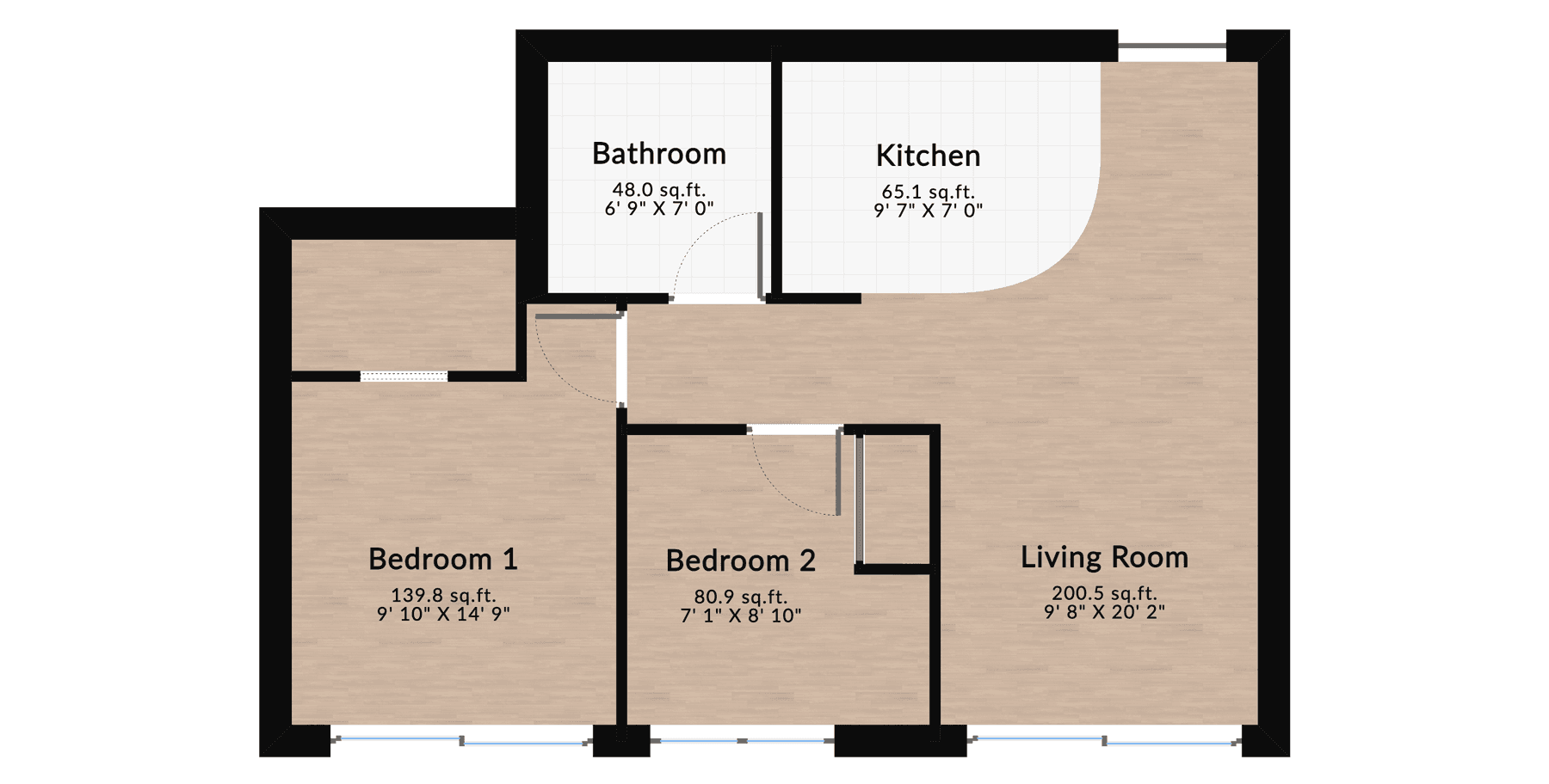 Empty two-bedroom apartment floor plan with labeled living room, bedrooms, bathroom, and kitchen.