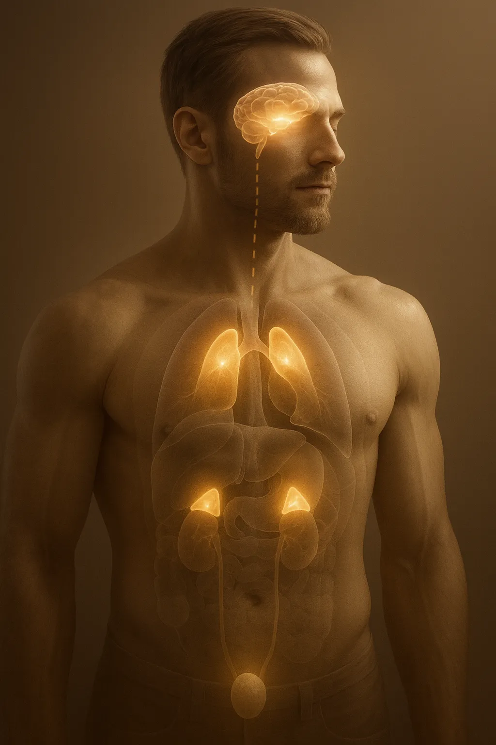 Testosterone - Sepia-toned male torso with glowing brain, lungs, adrenal glands, and testes showing testosterone productio