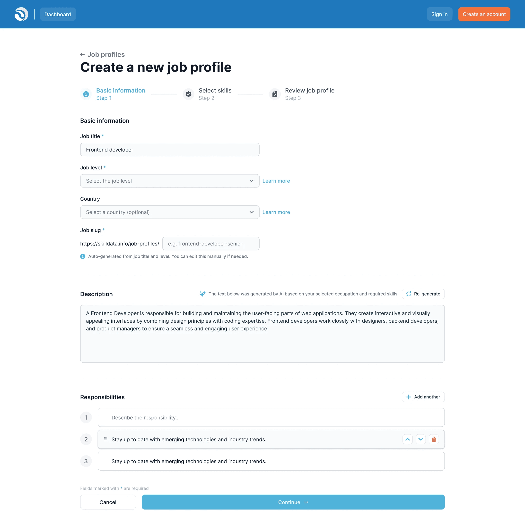 Skilldata create a new job profile 1