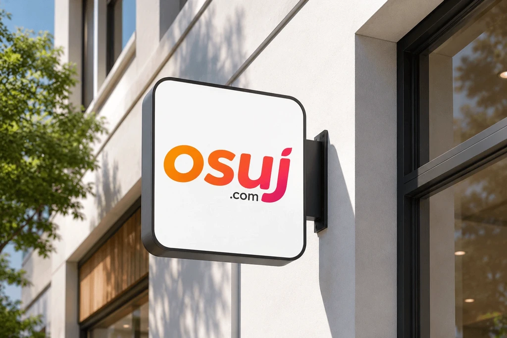 Premium domain name OSUJ.com displayed on a modern storefront sign in daylight, showcasing a clean and memorable four-letter .com brand for startups, technology companies, and digital businesses.